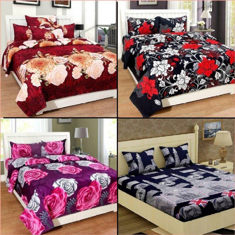shriram enterprises 150 TC Polycotton Double 3D Printed Bedsheet(Pack of 4, Multicolor)