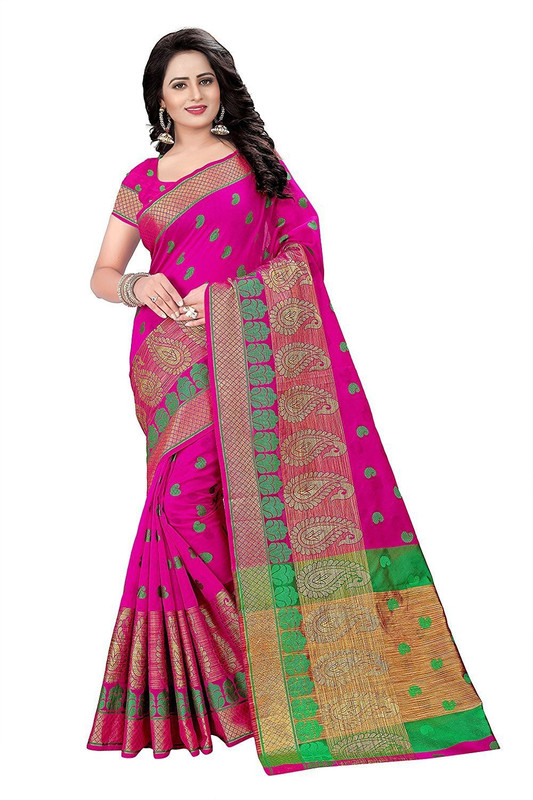 ecolors fab Self Design, Paisley, Woven Banarasi Tussar Silk, Cotton Blend, Poly Silk Saree(Pink)