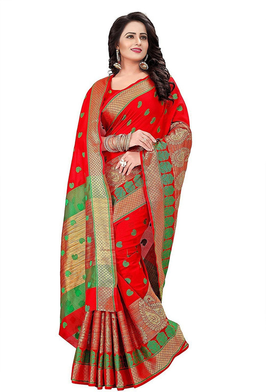 ecolors fab Woven, Self Design Banarasi Cotton Blend, Poly Silk, Tussar Silk Saree(Red)