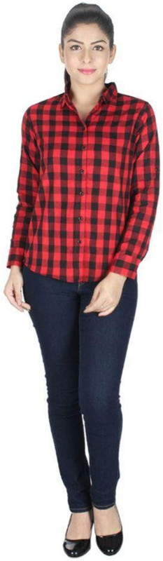 king denim Women Checkered Casual Red Shirt