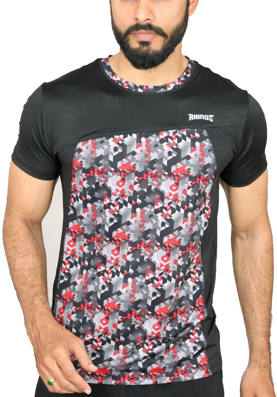 rhinos Abstract Men Round Neck Black T-Shirt