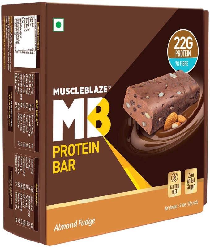 MuscleBlaze Protein Bar with 22g Protein, Pack of 6 (72g each) Protein Bars(432, Almond Fudge)