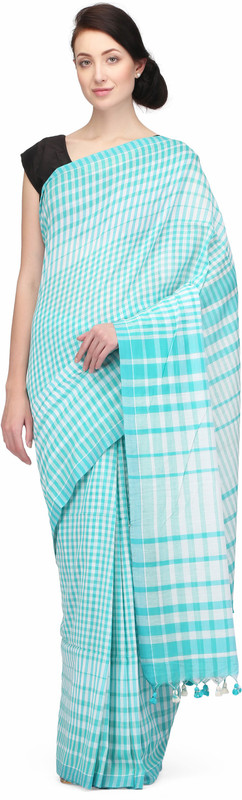 the weave traveller Checkered Shantipur Handloom Cotton Blend Saree(Light Green)