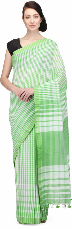 the weave traveller Checkered Shantipur Handloom Cotton Blend Saree(Green)
