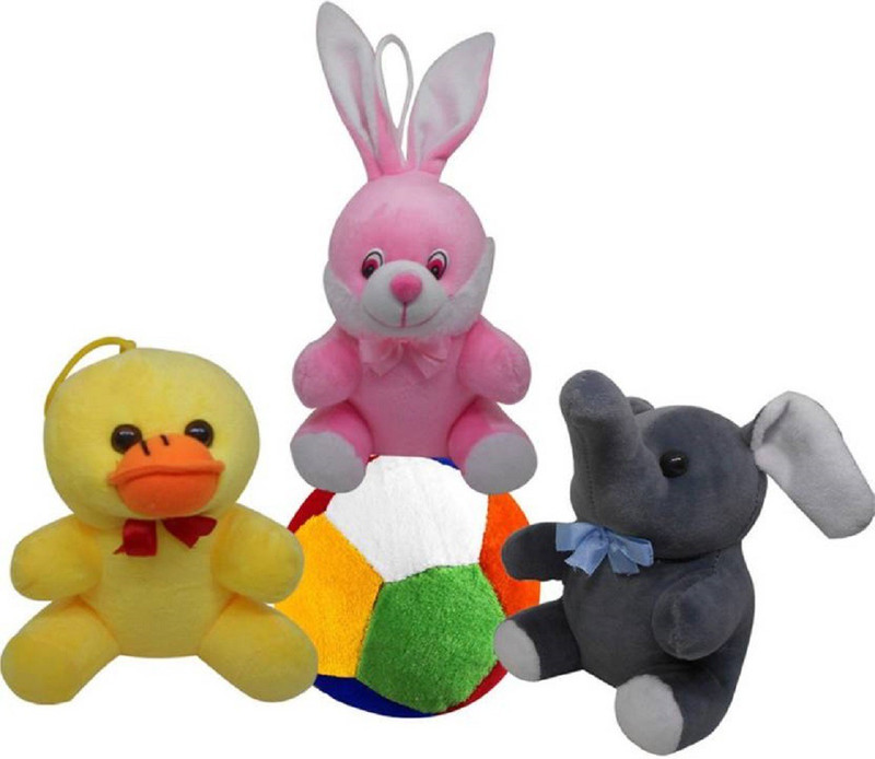 kidofly Swati toy kids soft teddy with ball happy birth day gift ( yellow-duck,gray-elephent,pink-rabit,multicolor retal ball ) 2 to 12 age boy/girl gift soft material fabric  - 15 cm(yellow-gray-pink-multicolor)