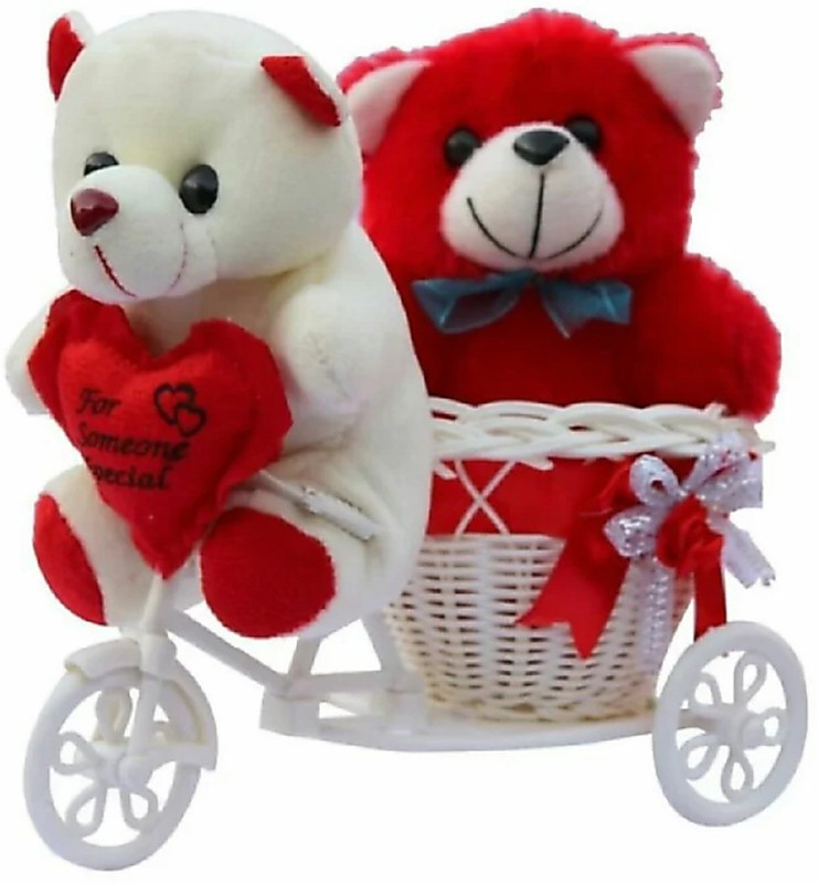kashish gift gallery Cute Red & White Couple Teddy on Tricycle - 20 cm (Red, White - 20 cm (Red, White)  - 8 inch(White)