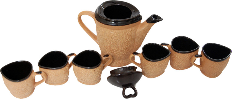 mushti Wooden Matte Finish Brown Ceramic Tea Coffee 6 Mug with kettle 5 cm height cup Ceramic(Multicolor, Pack of 1)