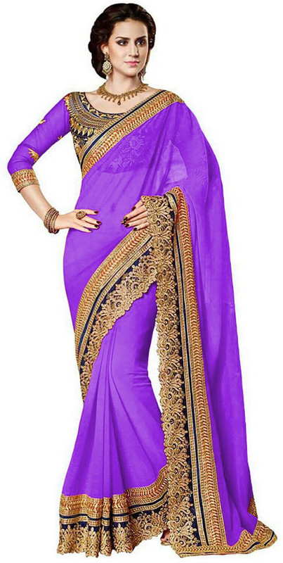 nimi fashion Printed, Self Design, Floral Print, Embellished Fashion Handloom Poly Georgette Saree(Purple)
