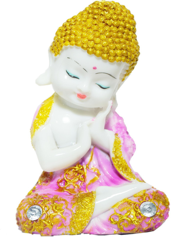 gw creations Buddha Monk Statue with Tealight and Stones for Decoraion Decorative Showpiece  -  22 cm(Polyresin, Pink)