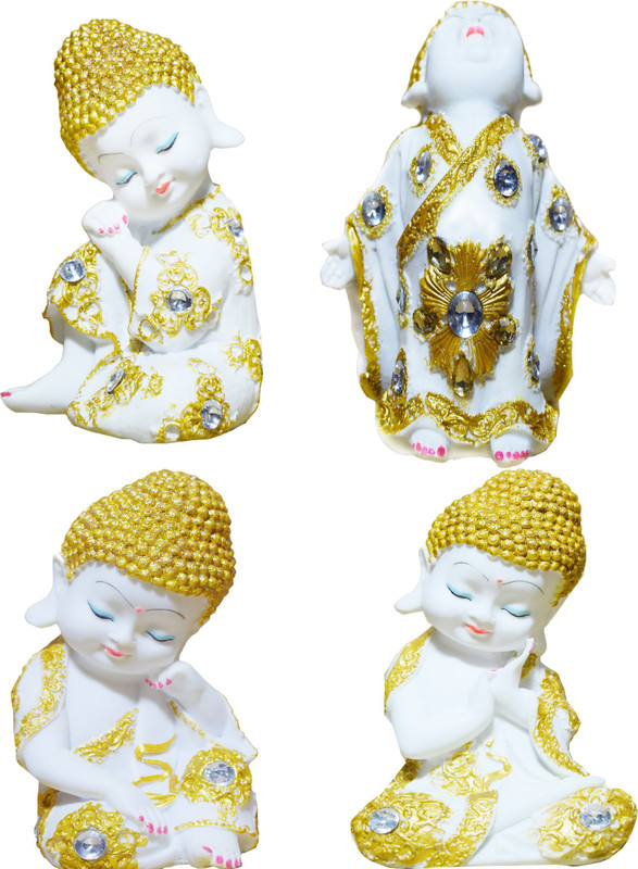 gw creations 4 Buddha Monk Statue with Tealight and Stones for Decoraion (Multicolour) Decorative Showpiece  -  20 cm(Polyresin, Multicolor)