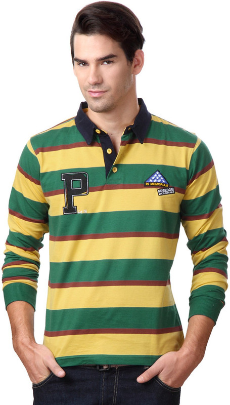 People Striped Men Polo Neck Yellow, Green T-Shirt