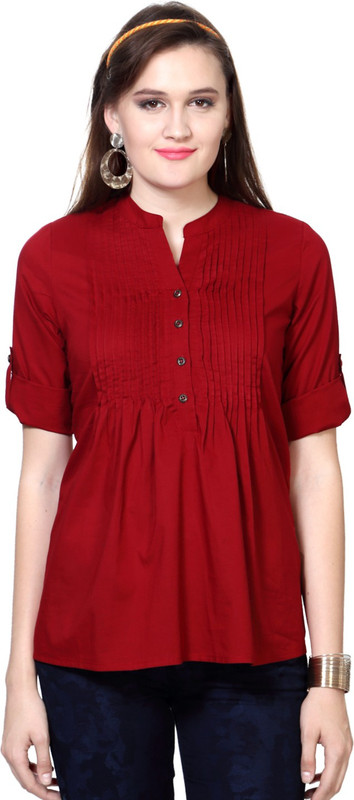 People Casual Roll-up Sleeve Solid Women Maroon Top