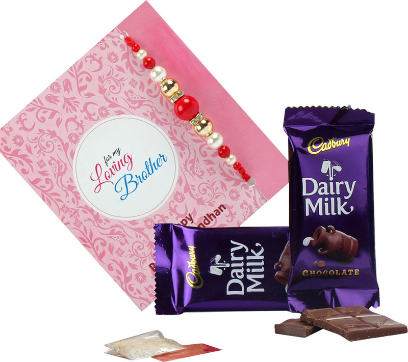 carrydreams Designer rakhi and Chocolates Set (Cadbury Dairy Milk 20g ,Rakhi, Pack Roli, Pack Rice,Greeting Card) Paper Gift Box(Red)