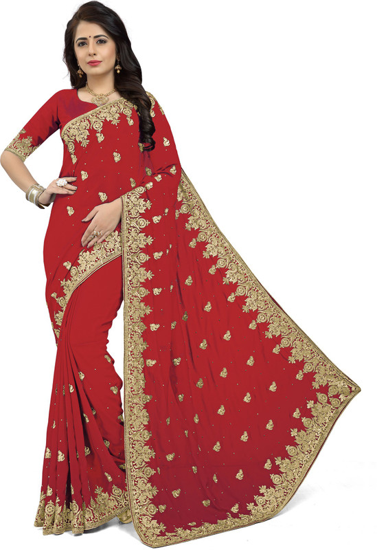 raghukul Self Design, Embroidered, Embellished Bollywood Poly Georgette Saree(Red)