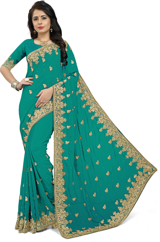 raghukul Embroidered, Self Design, Embellished Bollywood Poly Georgette Saree(Light Blue)