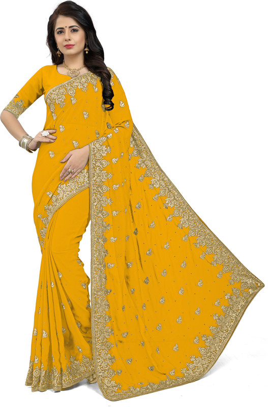 raghukul Embroidered, Self Design, Embellished Bollywood Poly Georgette Saree(Yellow)