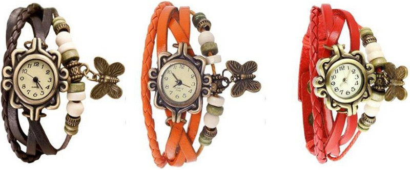 Mettle Combo Latest Fancy Leather Hand Knit Vintage Watches Dress Bracelet Women Girls Ladies Clover Pendant Retro MT-68 ( Pack Of 3 ) Analog Watch  - For Women