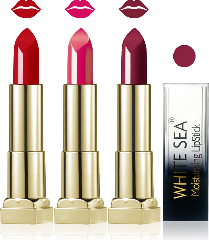 white sea cosmetics makeup velvet glossy lipstick enriched with vitamin E fashion color combo set of 3(red falsa carrat, 15 ml)