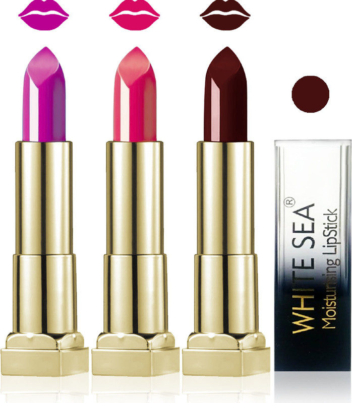 white sea cosmetics makeup velvet glossy lipstick enriched with vitamin E fashion color combo set of 3(d purple carat hot chocolate, 15 ml)