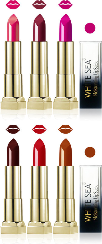 white sea cosmetics makeup velvet glossy lipstick enriched with vitamin E fashion color combo set of 6(purple red hot chocolate falsa golden brown carrat, 30 ml)