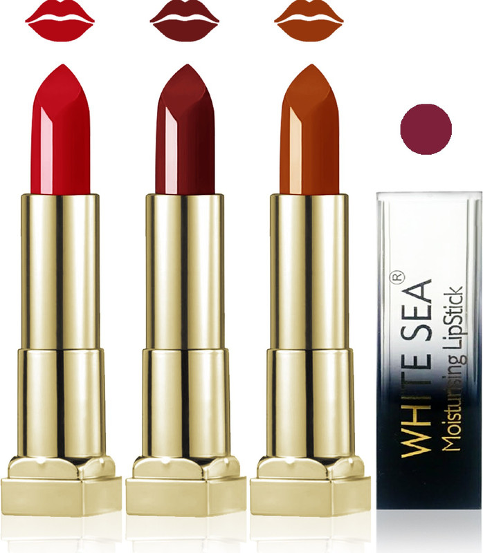 white sea cosmetics makeup velvet glossy lipstick enriched with vitamin E fashion color combo set of 3(coffee brown red golden brown, 15 ml)