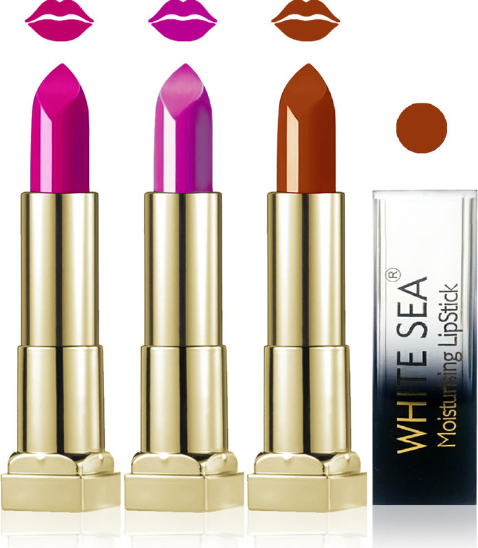 white sea cosmetics makeup velvet glossy lipstick enriched with vitamin E fashion color combo set of 3(golden brown d purple purple, 15 ml)