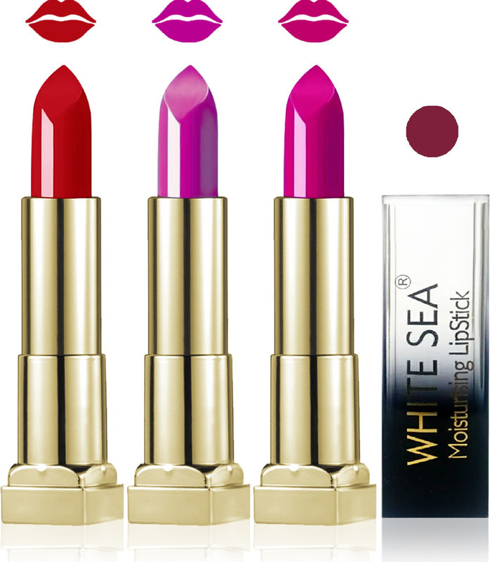 white sea cosmetics makeup velvet glossy lipstick enriched with vitamin E fashion color combo set of 3(purple d purple red, 15 ml)
