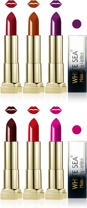 white sea cosmetics makeup velvet glossy lipstick enriched with vitamin E fashion color combo set of 6(purple red hot chocolate violet golden brown maroon, 30 ml)