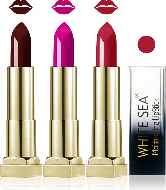 white sea cosmetics makeup velvet glossy lipstick enriched with vitamin E fashion color combo set of 3(l maroon hot chocolate purple, 15 ml)