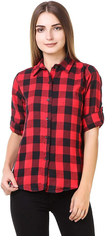 clothvilla Women Checkered Casual Red, Black Shirt