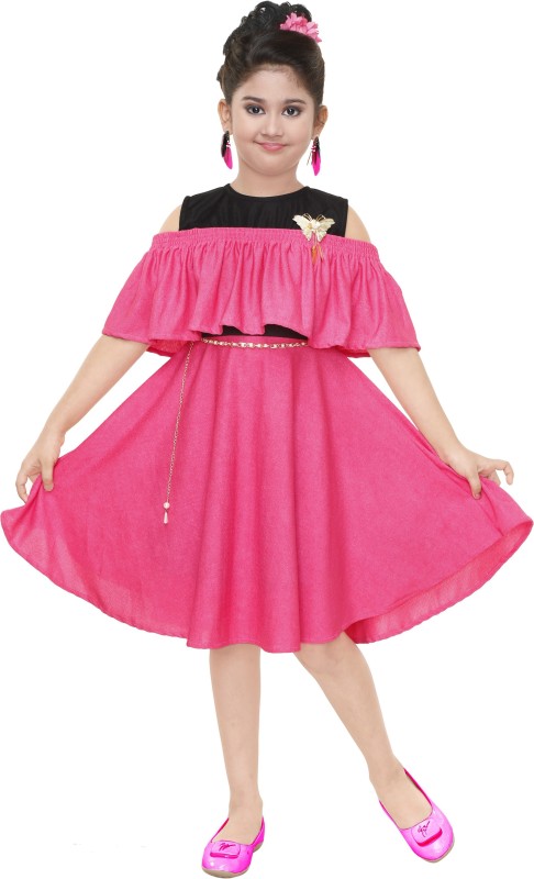 KAARIGARI Girls Midi/Knee Length Party Dress(Pink, Fashion Sleeve)