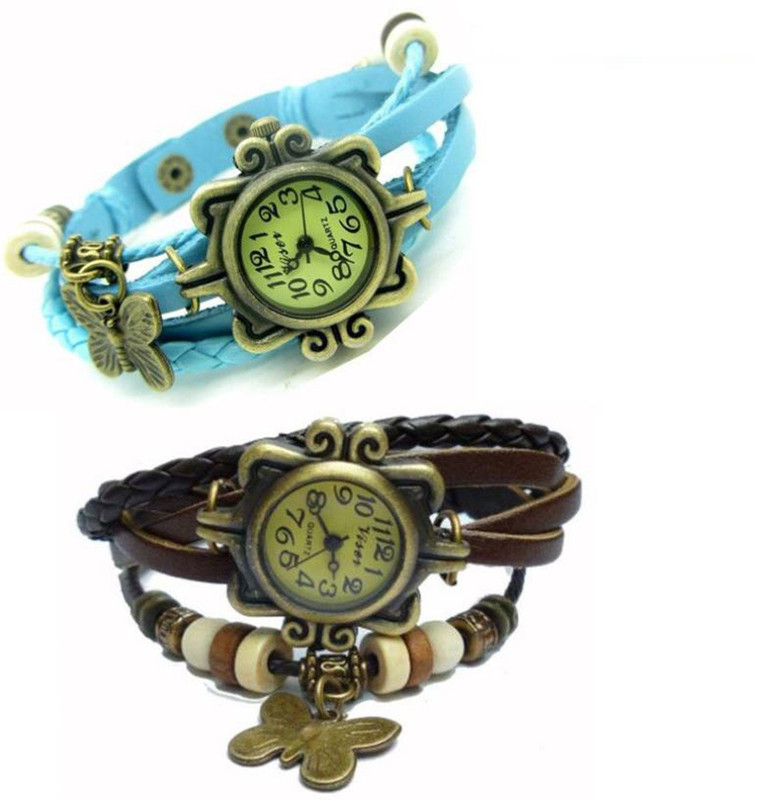 Mettle Combo Latest Fancy Leather Hand Knit Vintage Watches Dress Bracelet Women Girls Ladies Clover Pendant Retro MT-14( Pack Of 2 ) Analog Watch  - For Women