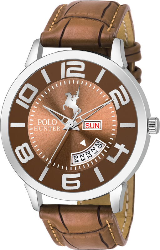 POLO HUNTER 1132- Brown Day and Date Strap Analog Watch  - For Men