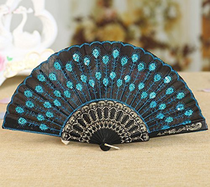 sea junop Beautiful Women's Silk Hand Fan with Green Sequins(Sky blue)