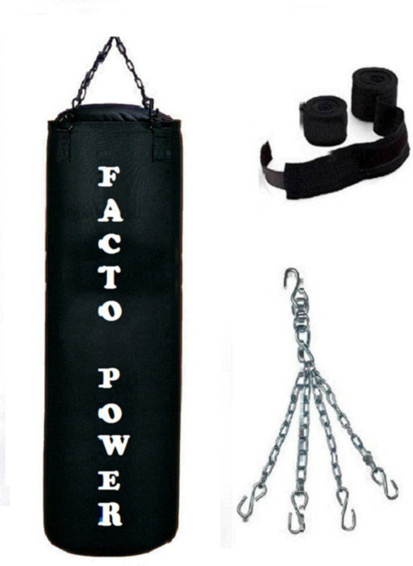 FACTO POWER 6.0 Feet Long, CANVAS Material, BLACK Color, Unfilled with Chain & 9 Feet Long Black Color Hand Wraps Pair Hanging Bag(6, 72 kg)