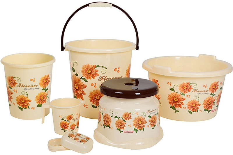 modwell Present High quality unbreakable Flower printed Bucket 17.5 Liters, Tub 17.5 Liters, Mug 1.0Liter, Bath Stool, Pedal Bin 5.0 Liters and Soap Case 41 L Plastic Bucket(Brown)