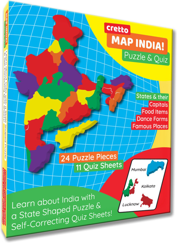 cretto Map India Puzzle with 11 self mastery interactive Quiz sheets on Capitals, Food Items, Dance Forms and Famous Places - 24 Coloured Pieces(24 Pieces)