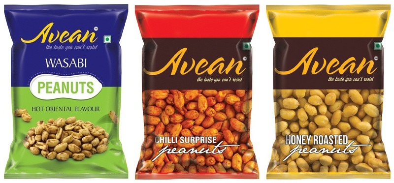 Avean Flavored Peanuts :: Wasabi, Chilli Surprise, Honey Roasted Peanuts :: Combo Pack of 3(Pack of 3, 3 x 100, 300 g)