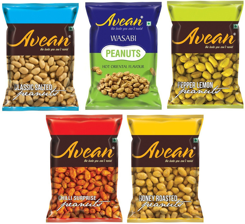 Avean Flavored Peanuts :: Classic Salted, Lemon Pepper, Chilli Surprise, Honey Roasted, Wasabi Peanuts :: Combo Pack of 5(Pack of 5, 5 x 100, 500 g)