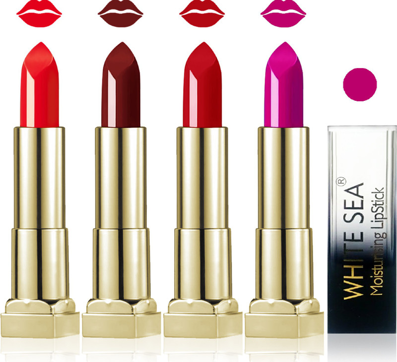 white sea cosmetics makeup velvet glossy lipstick enriched with vitamin E fashion color combo set of 4(purple coffee brown red orange, 20 g)