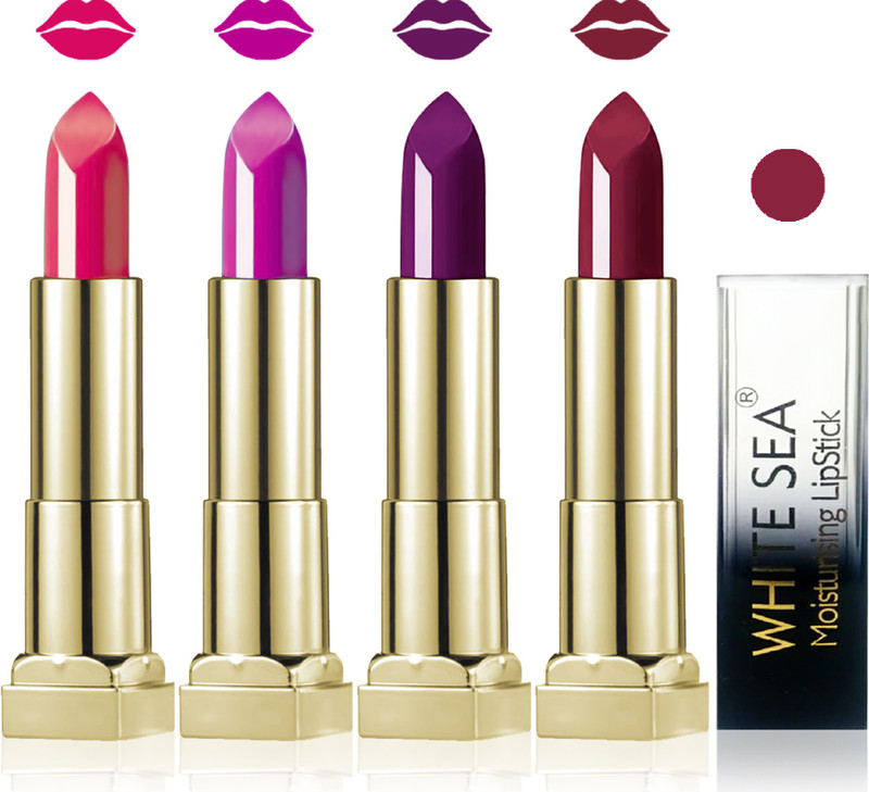 white sea cosmetics makeup velvet glossy lipstick enriched with vitamin E fashion color combo set of 4(falsa d purple violet carrat, 20 g)