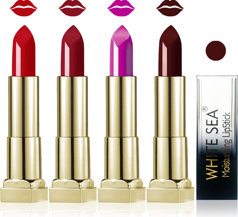 white sea cosmetics makeup velvet glossy lipstick enriched with vitamin E fashion color combo set of 4(maroon red hot chocolate d purple, 20 g)