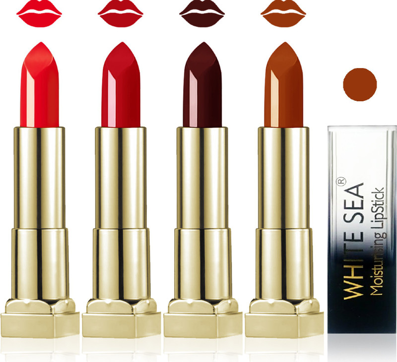 white sea cosmetics makeup velvet glossy lipstick enriched with vitamin E fashion color combo set of 4(golden brown hot chocolate red orange, 20 g)