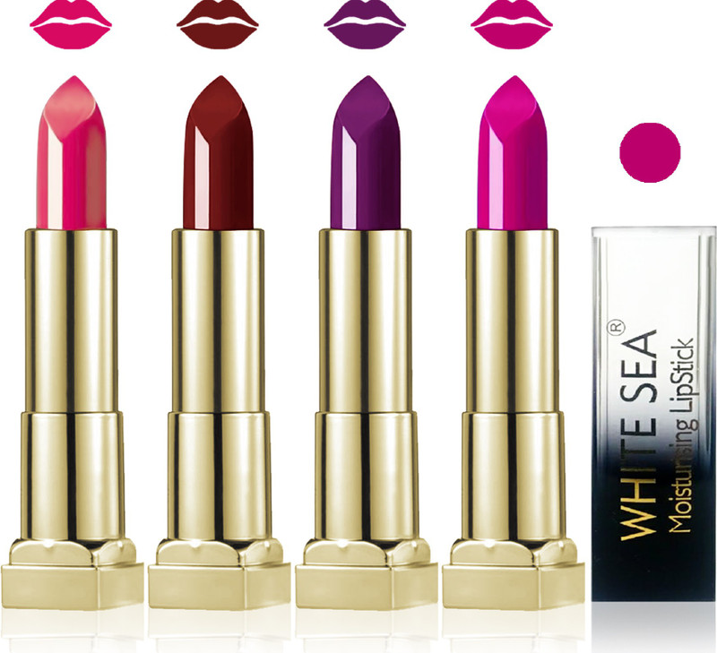 white sea cosmetics makeup velvet glossy lipstick enriched with vitamin E fashion color combo set of 4(purple coffee brown violet carrat, 20 g)