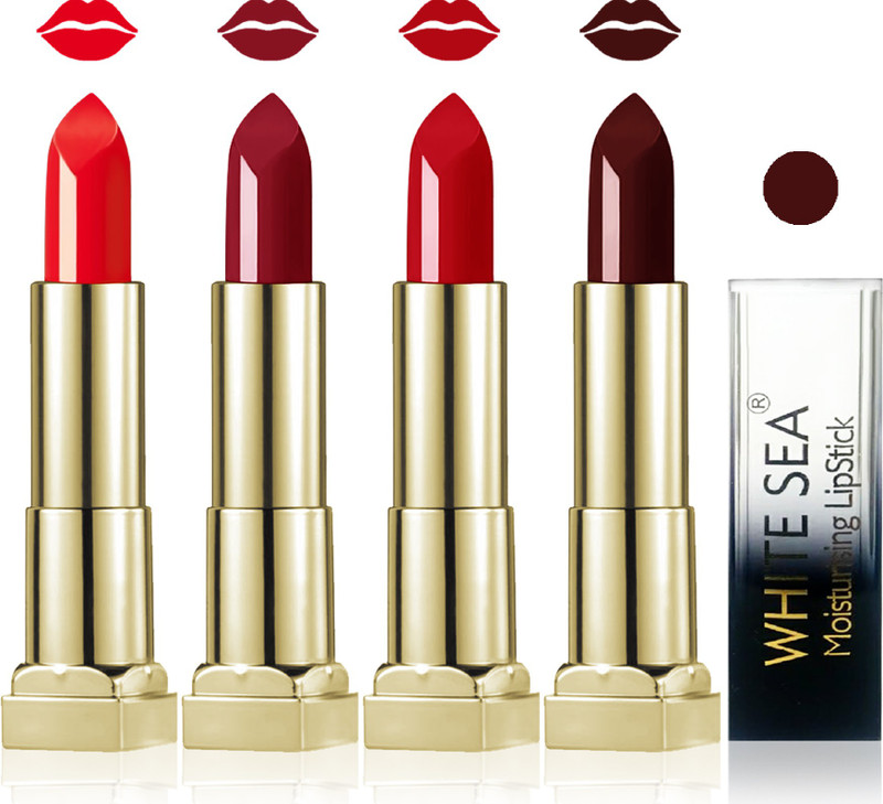 white sea cosmetics makeup velvet glossy lipstick enriched with vitamin E fashion color combo set of 4(hot chocolate red maroon orange, 20 g)