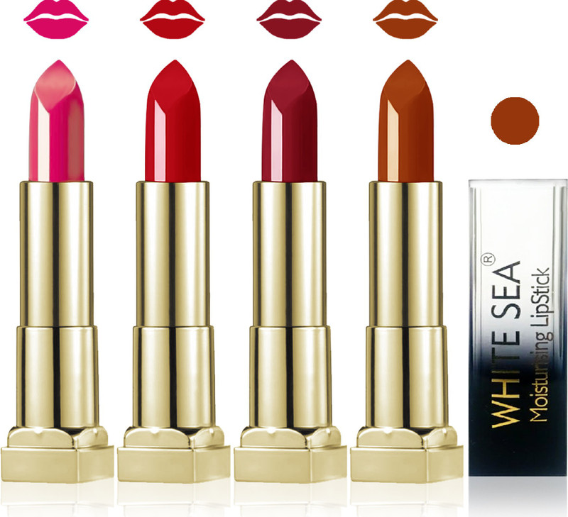 white sea cosmetics makeup velvet glossy lipstick enriched with vitamin E fashion color combo set of 4(golden brown red maroon carrat, 20 g)