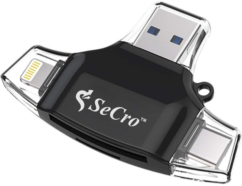 secro SD Card Reader 4 in 1,Memory Micro SD Card Reader USB Type C Adapter Viewer for iOS, Android & Mac - Supports Lightning Micro USB Type C (Black) Card Reader(Black)