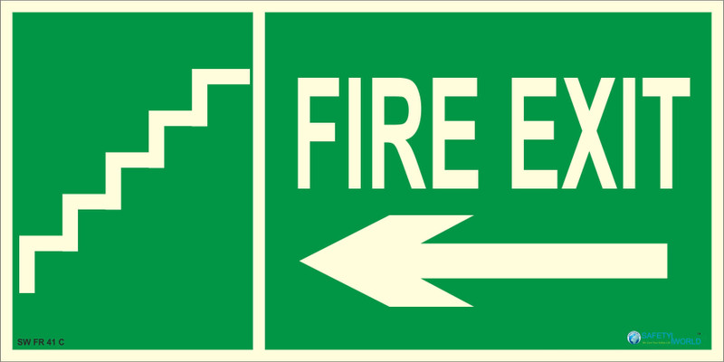 safety world Fire Exit Left Side Direction With Steps Sign Night glow print 6 x 12 Inch. Emergency Sign