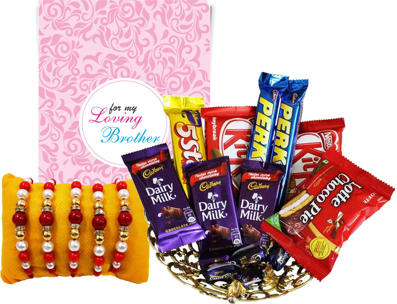 carrydreams Designer 5 rakhi and Chocolates Set (rakhi + chocolates+Greeting Card) Paper Gift Box(Red)