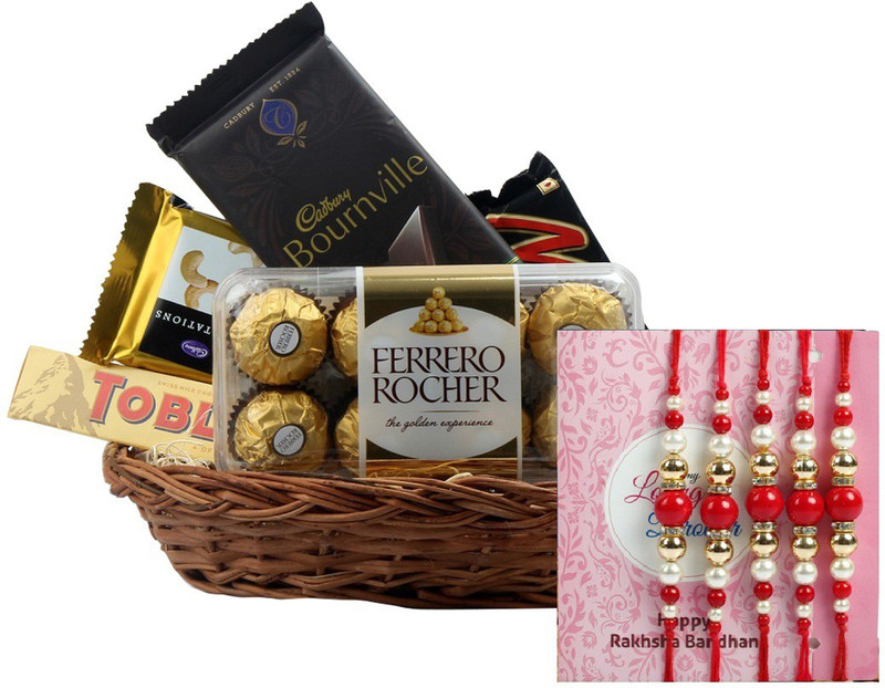 carrydreams Designer rakhi and Chocolates Set (5 chocolates ,Rakhi,Greeting Card) Paper Gift Box(Red)